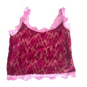 Sheer Lace Tank Top in Dark Fuchsia with Lavender Trim M